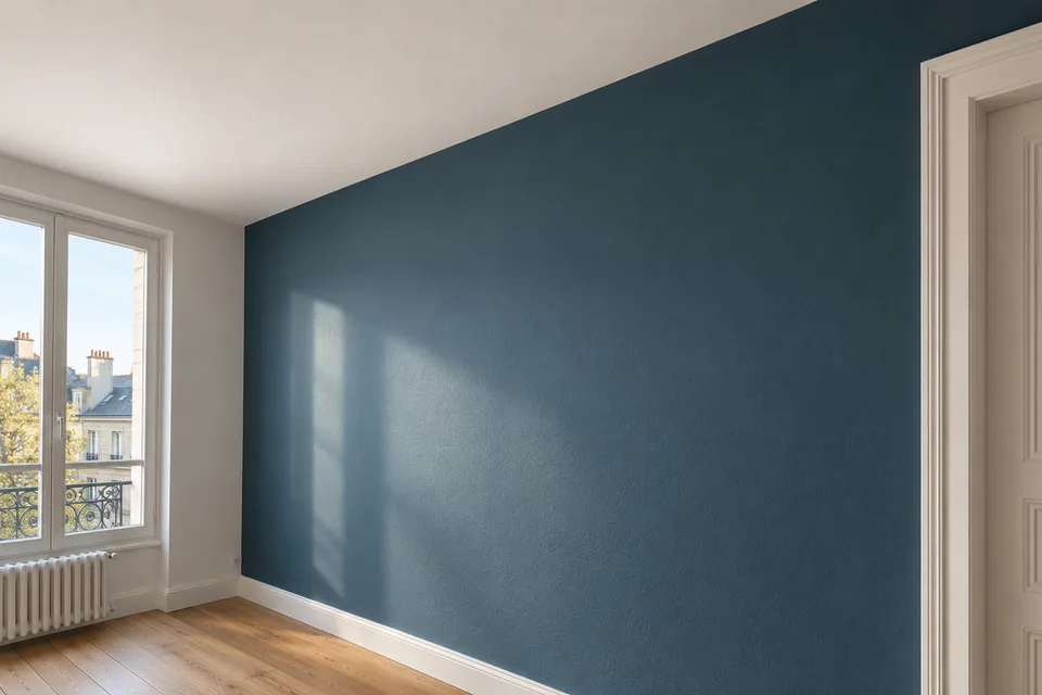 Jonction nette entre un mur bleu canard et un plafond blanc sous la lumière naturelle
