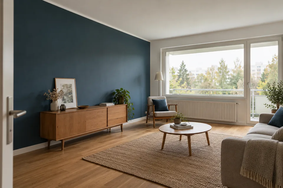 Séjour bleu canard, plafond clair et parquet éclairés par une grande fenêtre