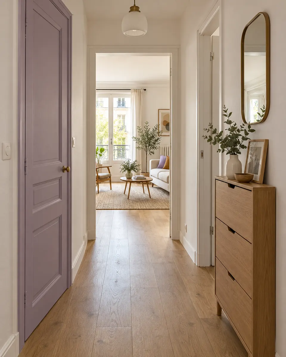Entrée d’appartement avec porte lilas, plinthes blanches et sol en bois clair