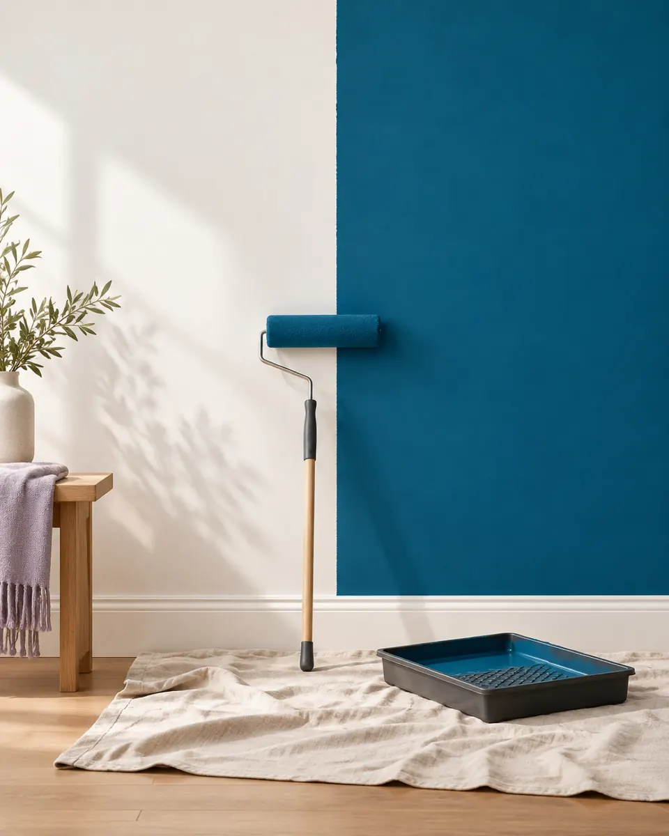 Rouleau de peinture contre un mur à moitié peint en bleu canard, bac à peinture sur une bâche