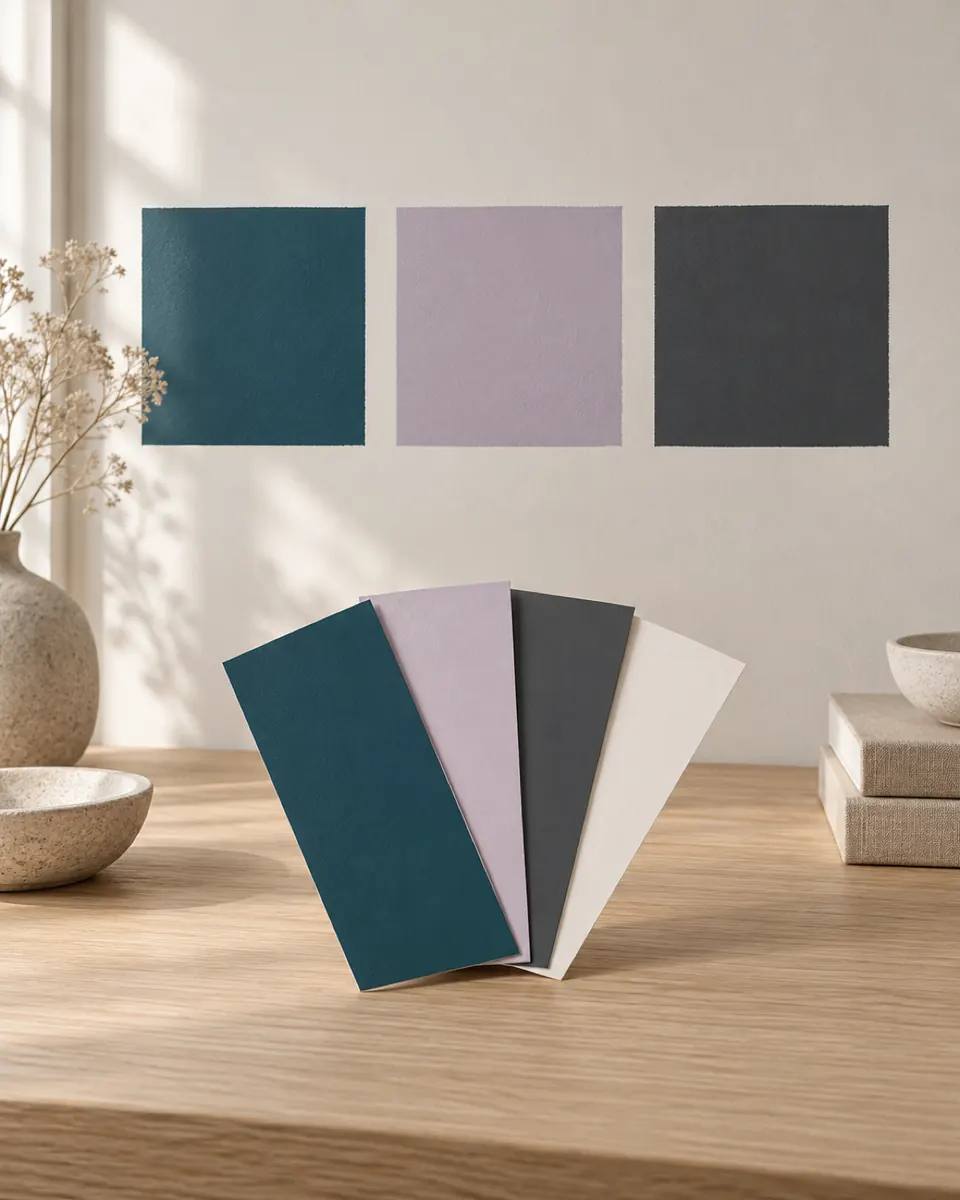 Nuancier de peinture en éventail devant trois carrés d'essai bleu canard, lilas et anthracite