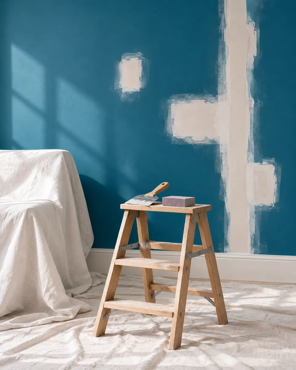 Mur bleu canard en préparation avant peinture : rebouchages poncés, escabeau, couteau à enduire et meubles protégés