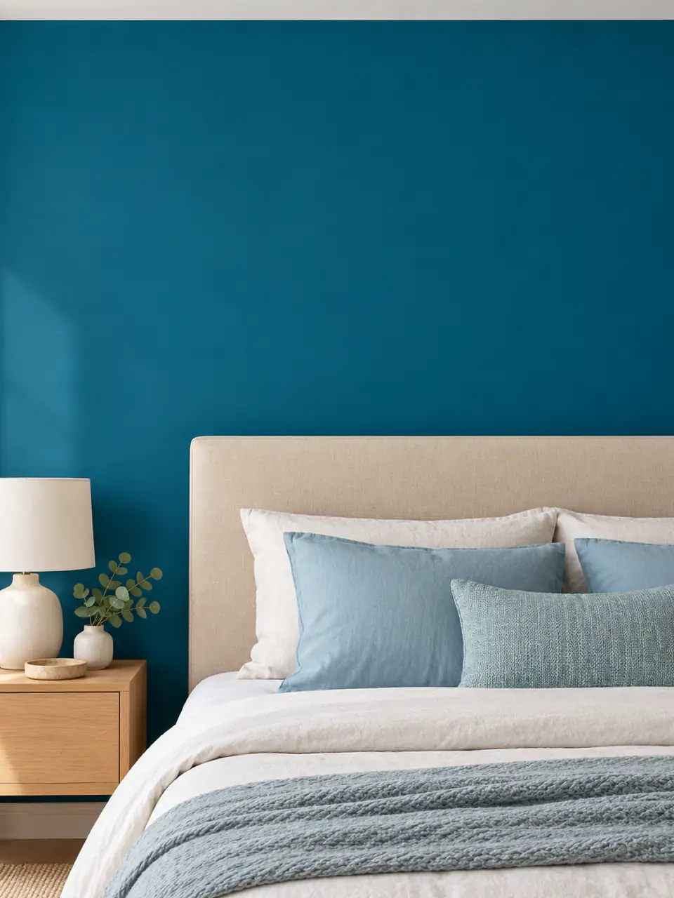 Chambre au mur peint en bleu canard, tête de lit en lin beige et coussins bleu clair (image d'illustration)