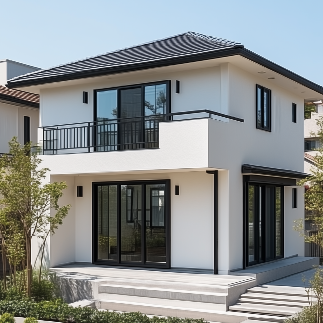 Maison moderne à deux étages avec façade blanche et grandes baies vitrées