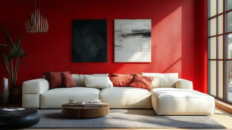 Salon moderne avec un mur rouge vif, un canapé blanc et des coussins rouges.